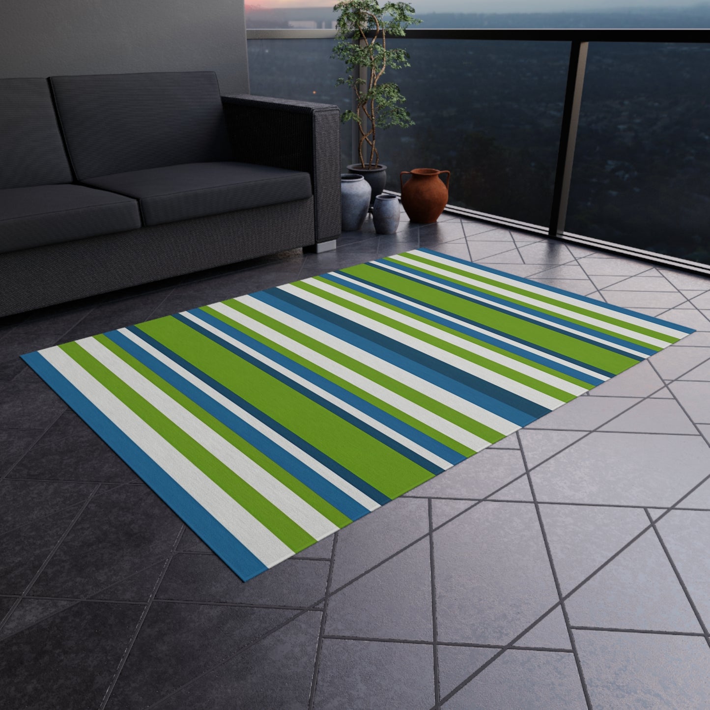Blue Green Stripe Outdoor/Indoor Rug | Patio Mat, Deck Striped Rug