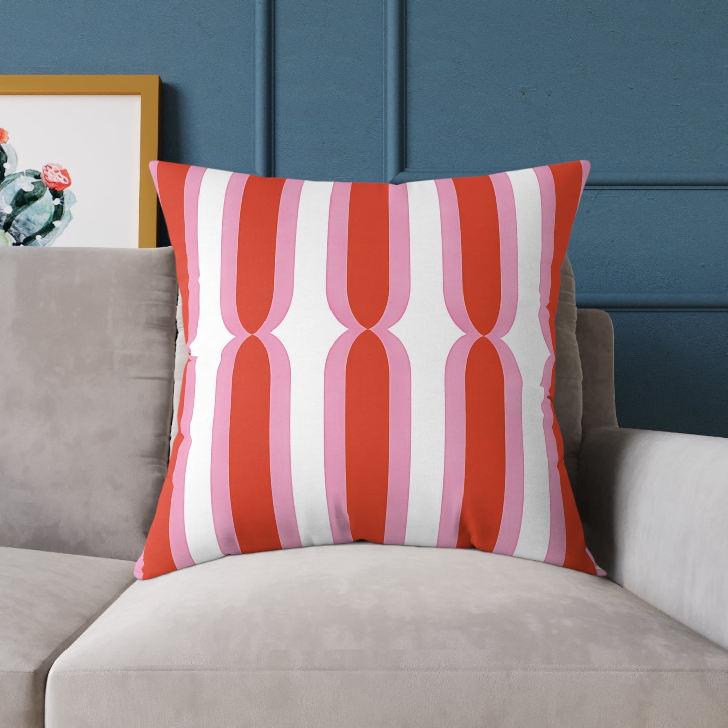 Retro Pink Orange Geometric Stripes Pillow | Square Poly Canvas Cushion