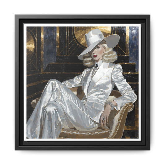 Woman in White Suit Art Print Matte Canvas, Framed | Glamorous Fashion Portrait