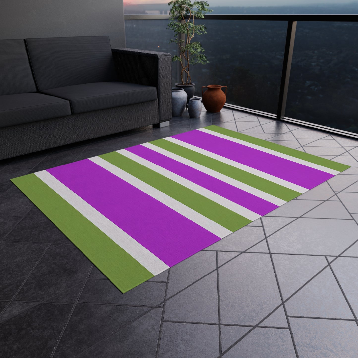 Magenta and Green Striped Outdoor Rug | Patio Mat, Weatherproof Stripe Design