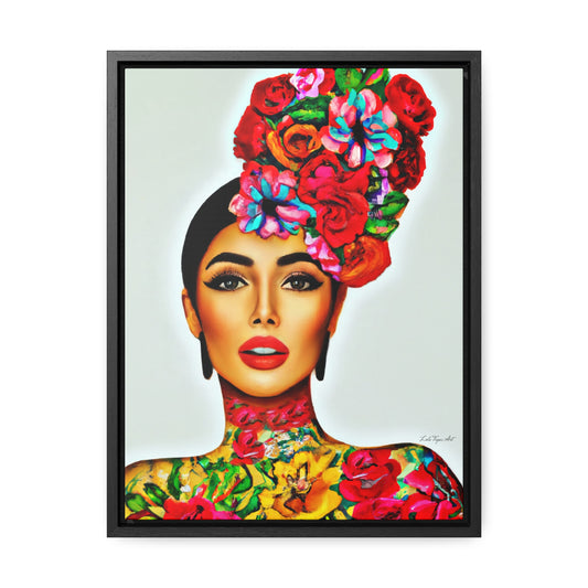 latina woman with tattoo's and flowers in her hair framed canvas wall art, boho wall decor, woman's decor, contemporary art, feminine art