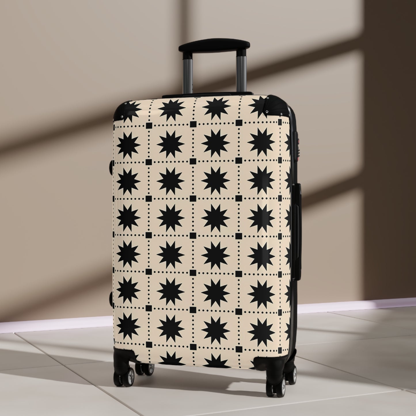 Black Creme Star Grid suitcase | Patterned Carry-On Luggage