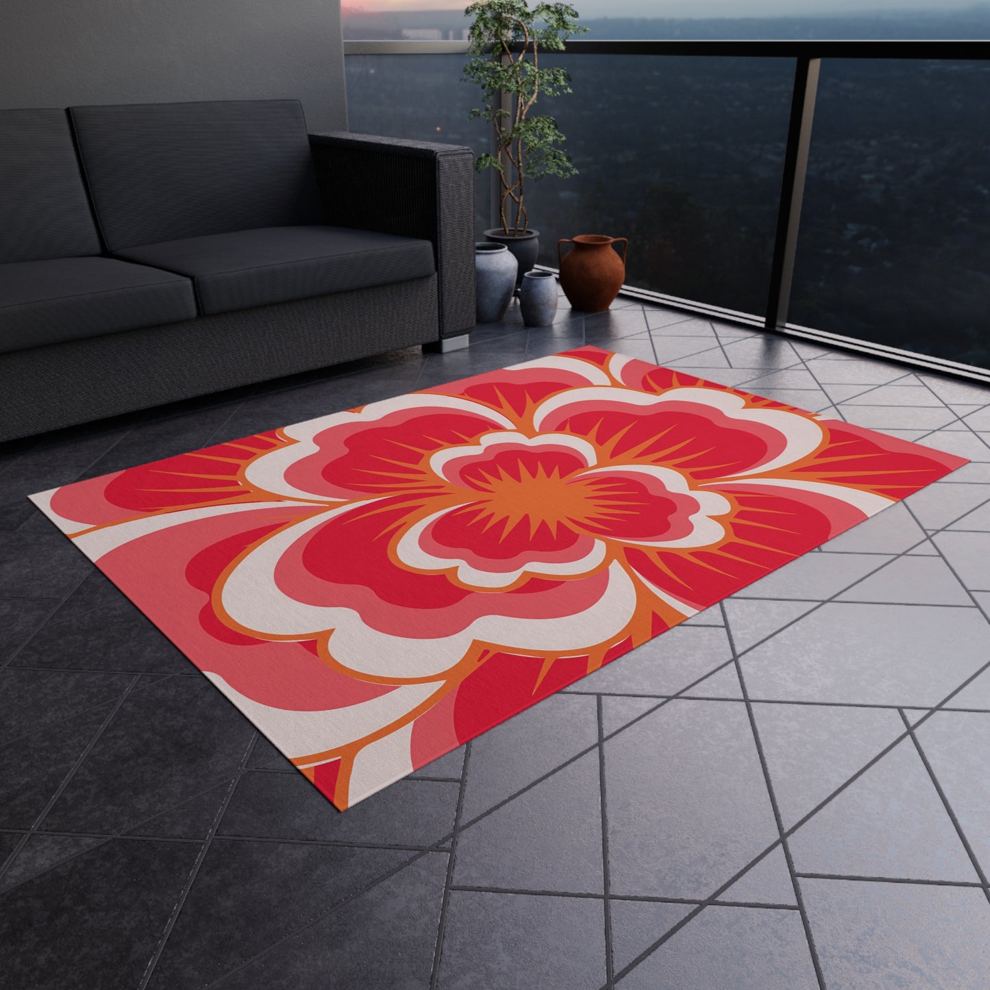 Bold Retro Floral Outdoor/Indoor Rug | Red Pink Hibiscus Pattern
