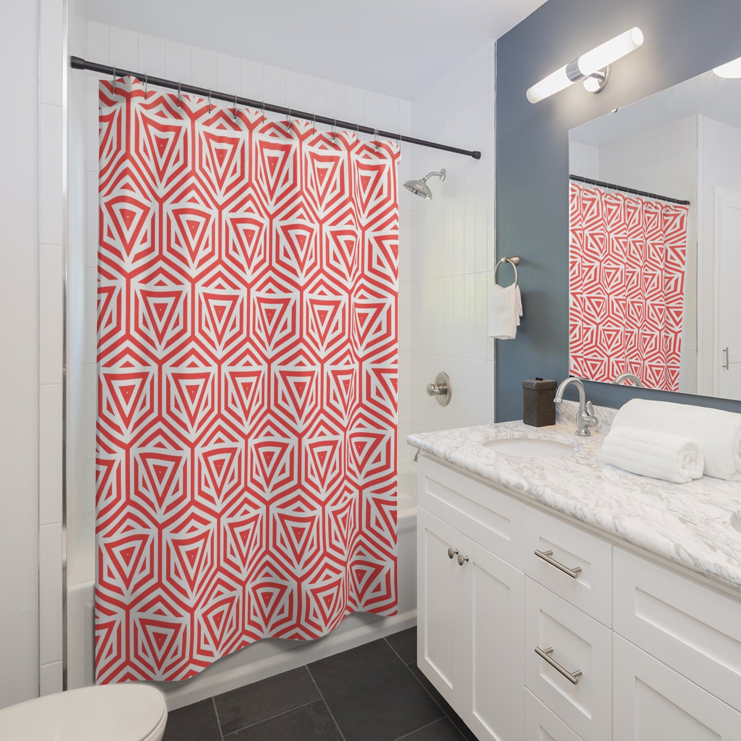 Red Geometric Triangle Pattern Shower Curtain | Modern Bath Decor, Stylish Home Accessory, Gift for Her, Unique Shower Curtain