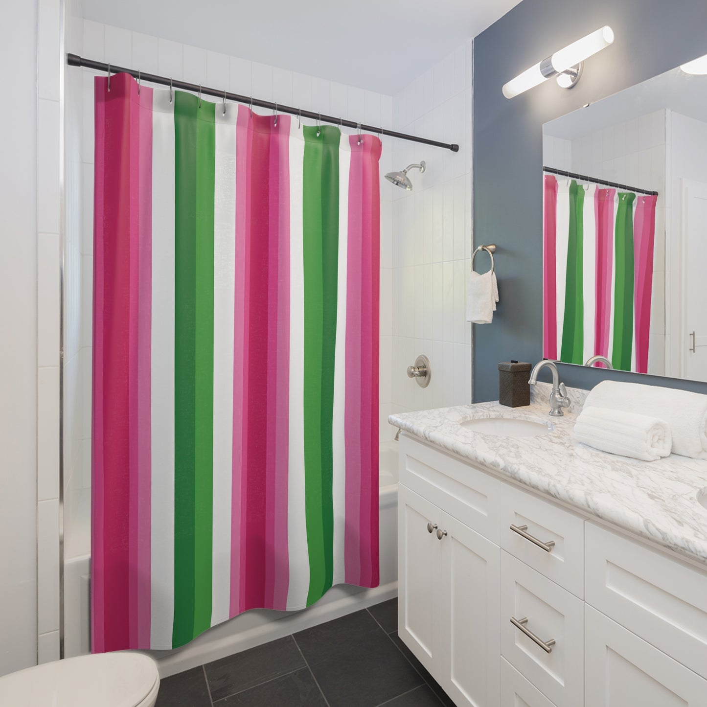Pink and Green Vertical Stripe Shower Curtain | Bold Candy Stripe Bathroom
