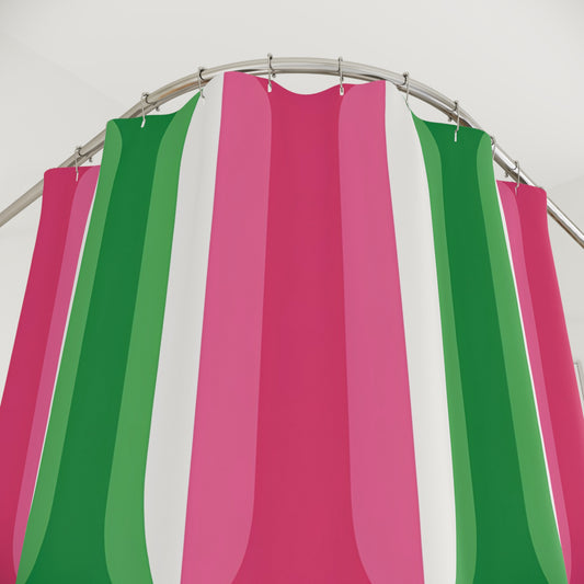 Retro Pink Green Stripe Shower Curtain | Mid Century Modern Bathroom