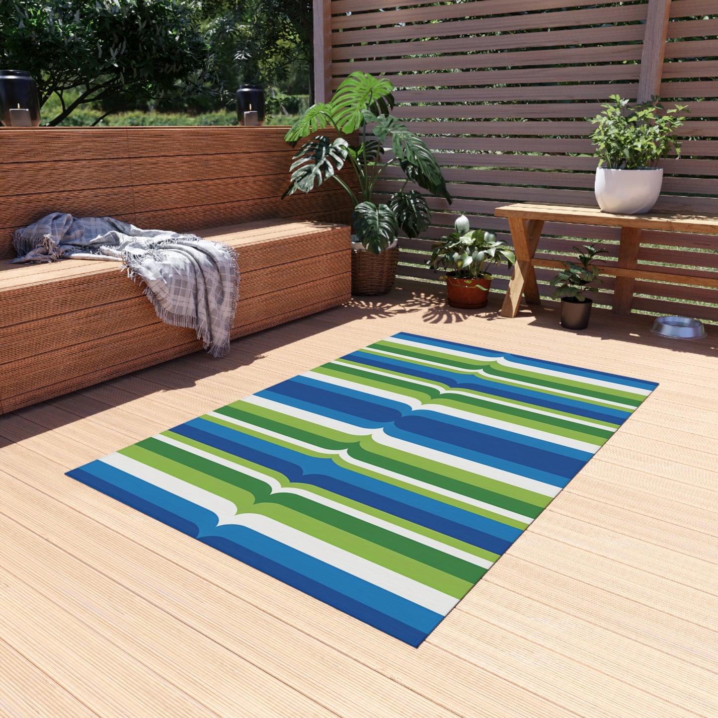 Blue Green Striped Pattern Outdoor/Indoor Rug | Patio Deck Mat