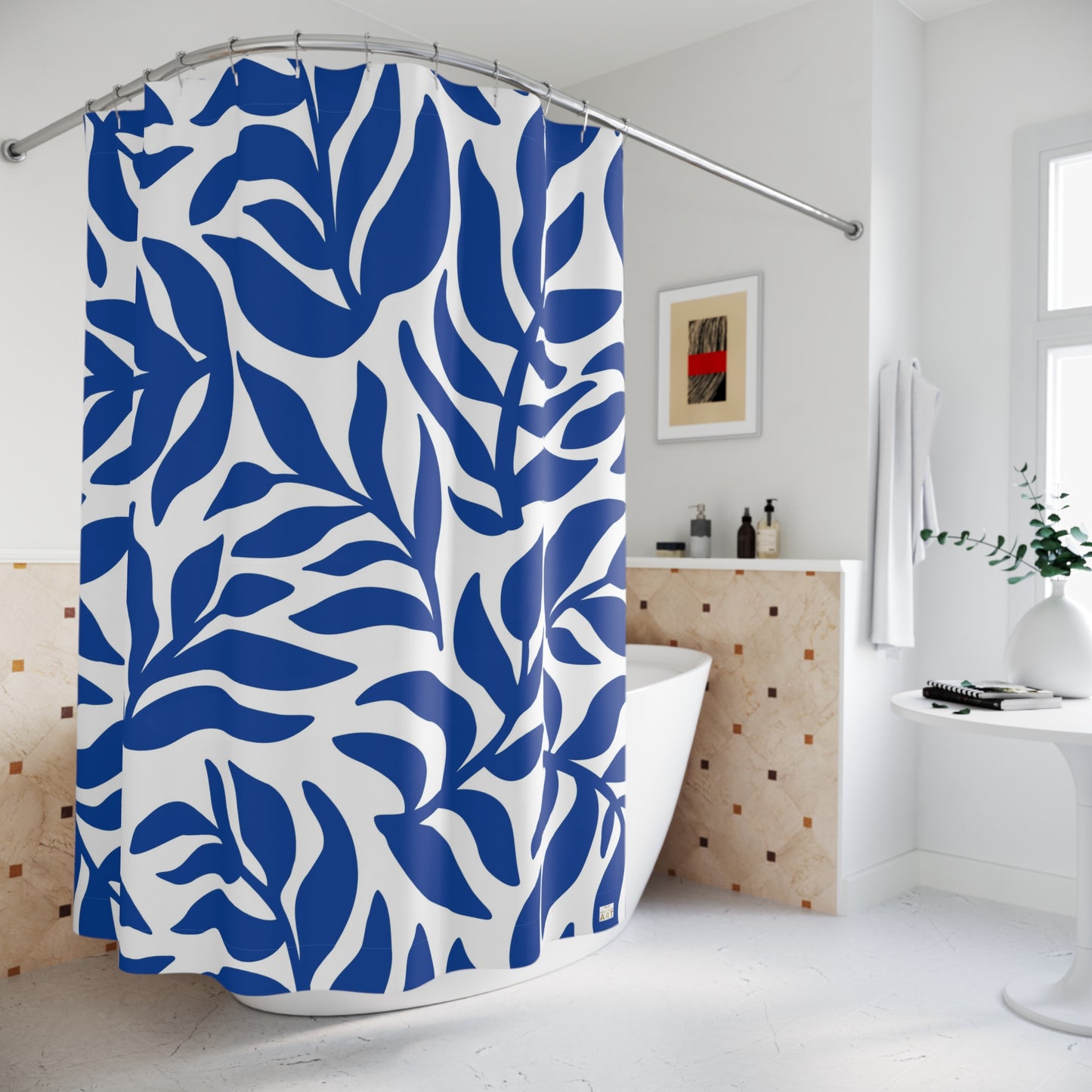 Blue Leaf Pattern Shower Curtain | Botanical Bathroom Decor Tropical Bathroom Accessory