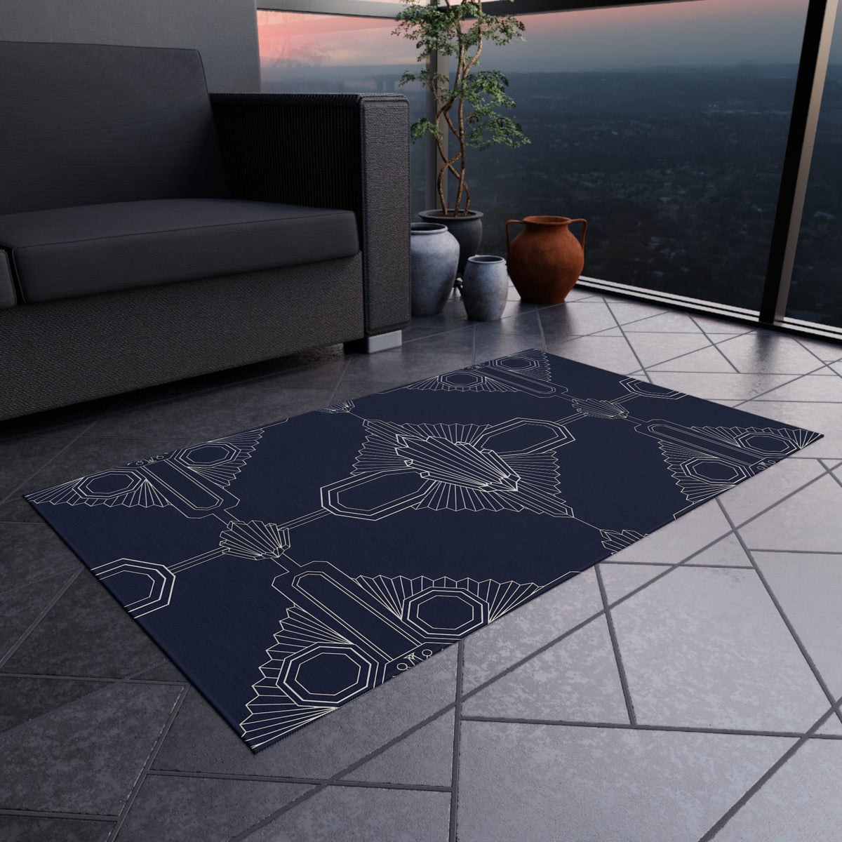 Art Deco Geometric Outdoor Rug | Navy Patterned Patio Mat