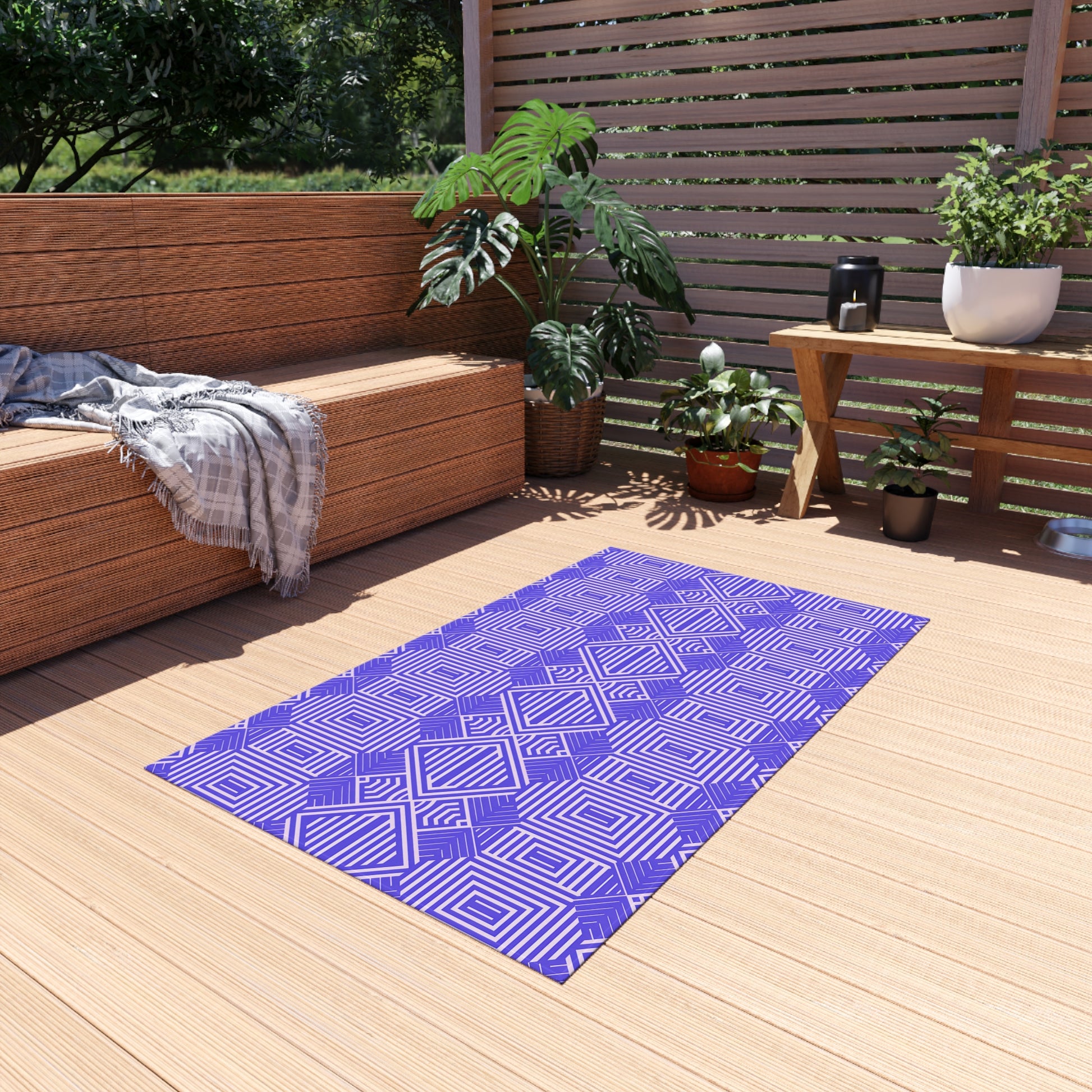 Purple and White Stylish Outdoor/Indoor Rug for Patio Decor, Boho Chic Deck Mat, Versatile Area Rug, Summer Gatherings, Garden Party Decor - LOLA VEGAS ART