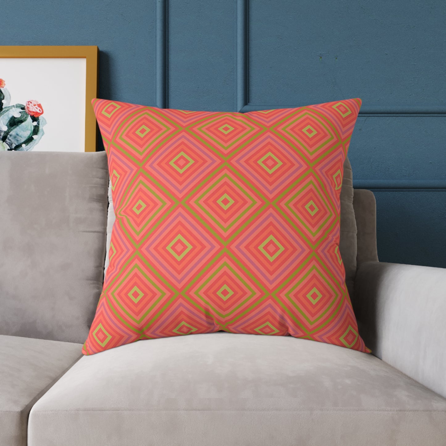 Geometric Diamond Pattern Square Pillow | Coral Orange Pink Accent