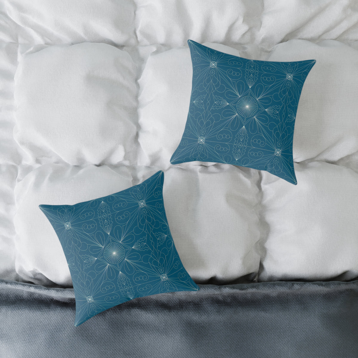 Teal Geometric Mandala Square Poly Canvas Pillow | Floral Star Pattern