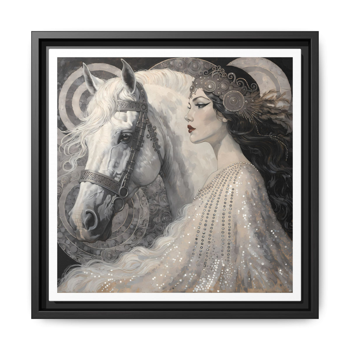 Ethereal Woman with White Horse Matte Canvas Framed Wall Art