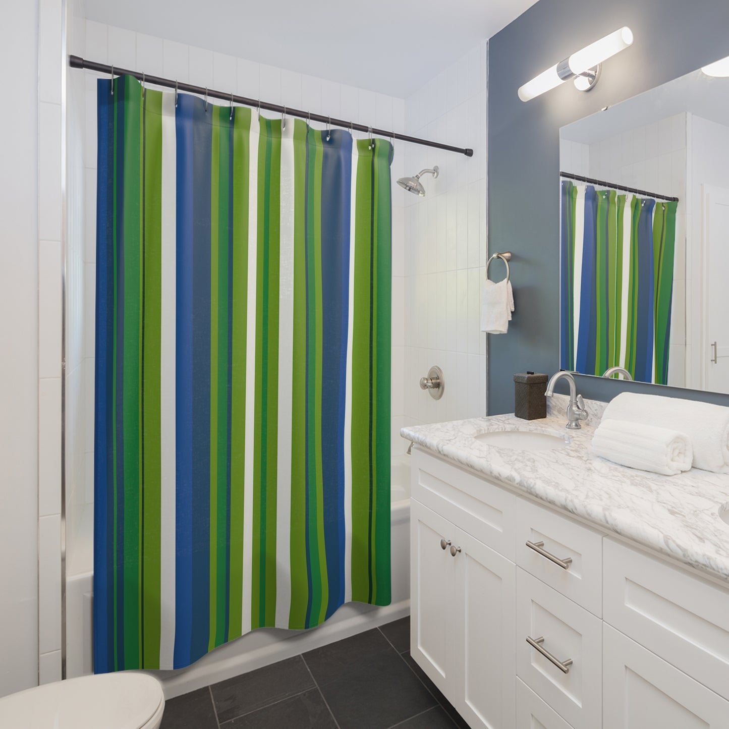 Green Blue Vertical Stripe Shower Curtain | Coastal Bathroom Decor