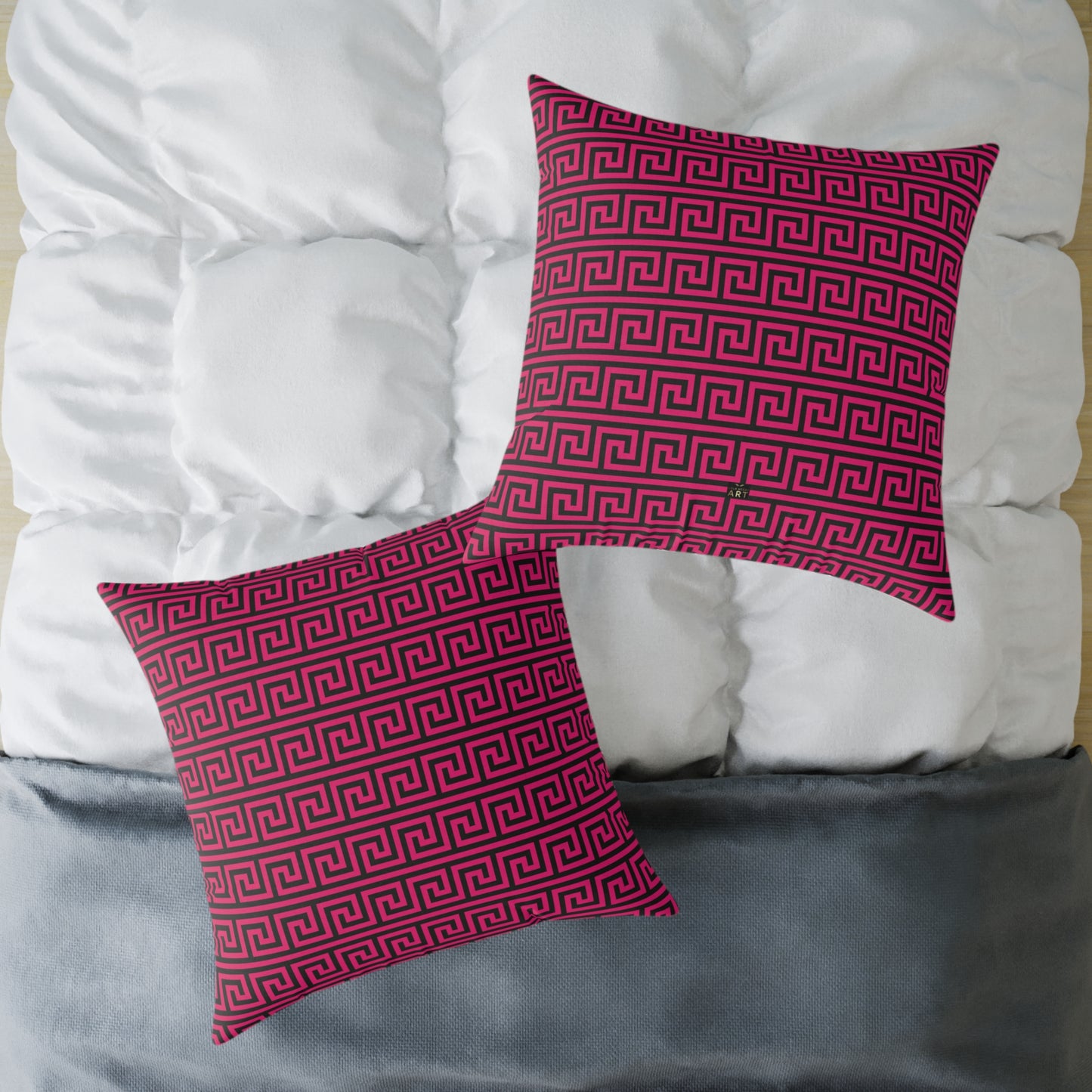 Greek Key Pattern Square Poly Canvas Pillow | Pink and Black Geometric Throw Pillow