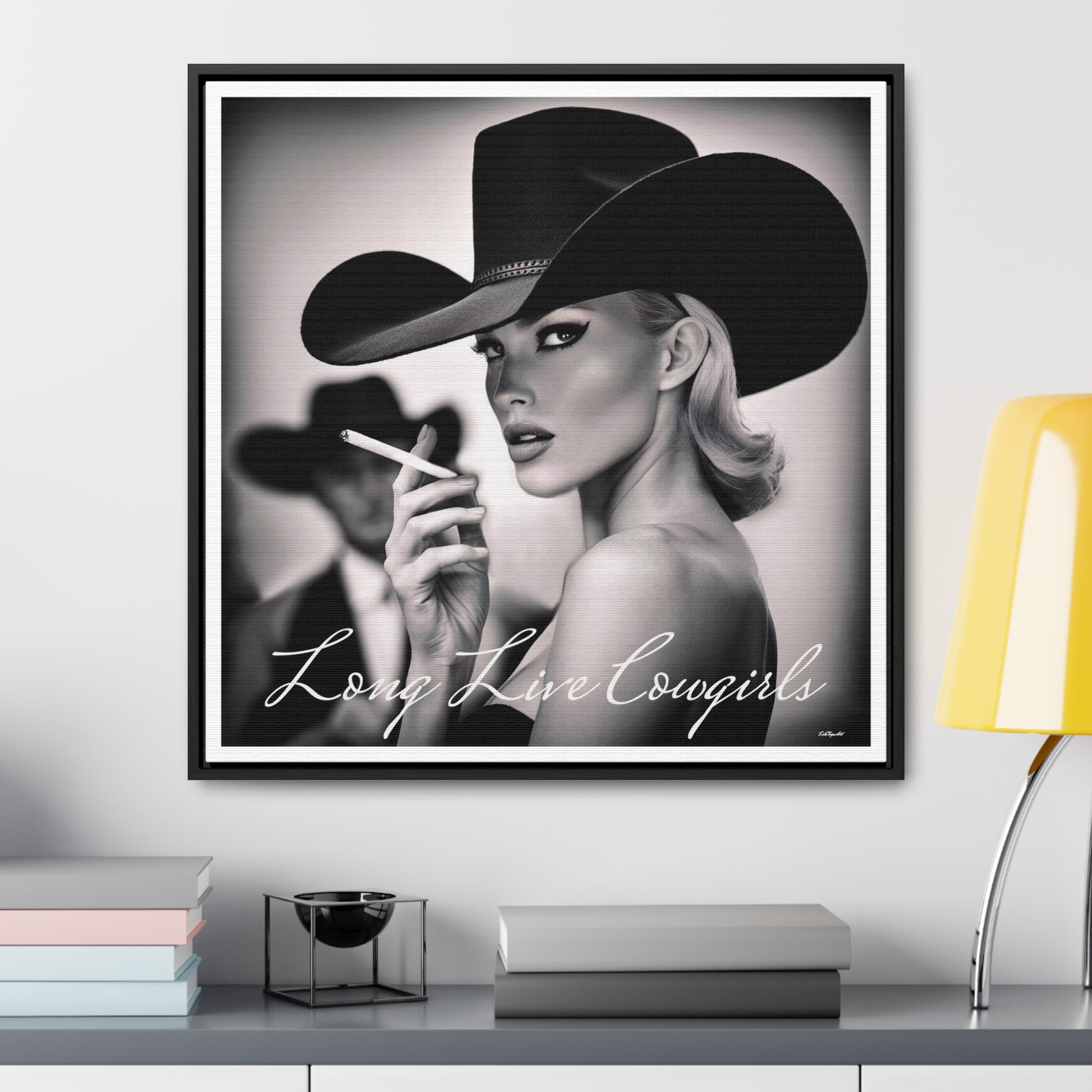 Square Frame Wall Art, Fashion Photography, Cowgirl Decor, Gallery Canvas Wraps, Glam Girl Gift, Black and White Photo Print - LOLA VEGAS ART