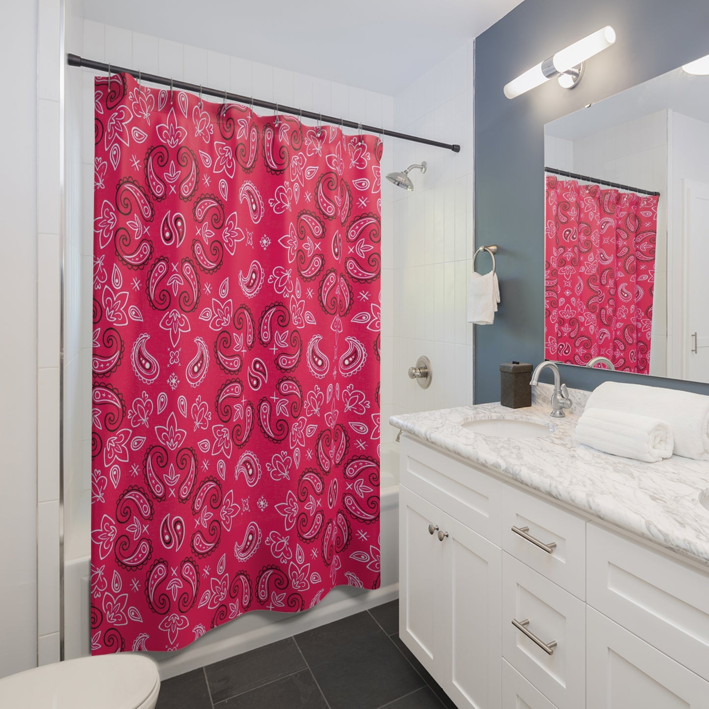 Rose-Red Paisley Pattern Shower Curtain | Boho Floral Bathroom Decor< Bandana Scarf Bath Decor