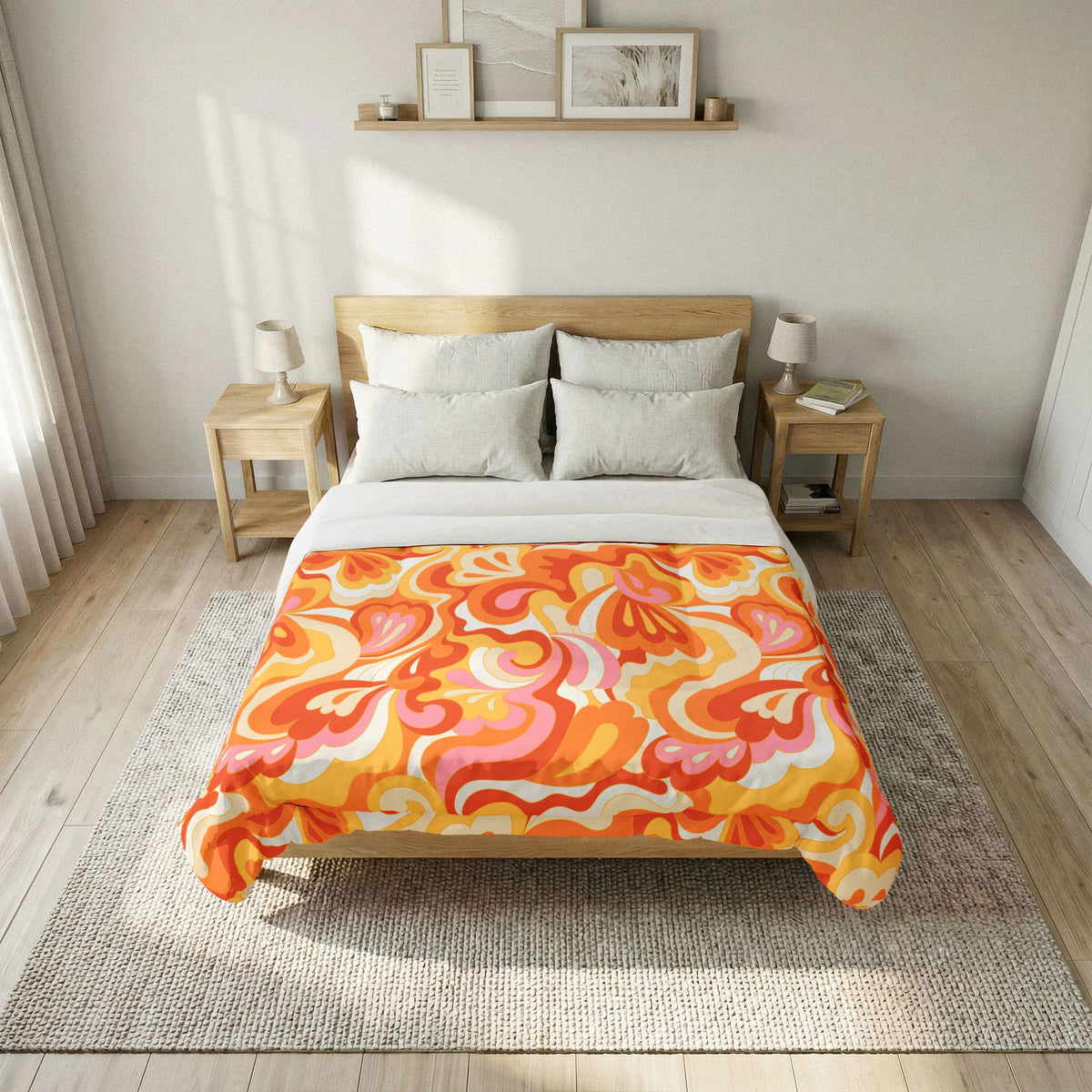 Retro Red Pink Orange Swirl Cotton Comforter | Psychedelic Floral Pattern