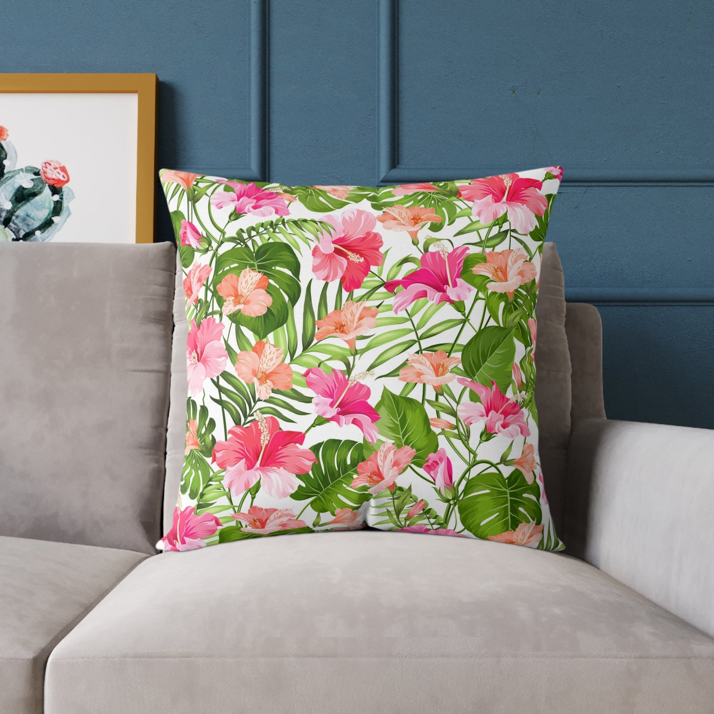 Pink Tropical Hibiscus Floral Square Pillow | Botanical Throw Cushion