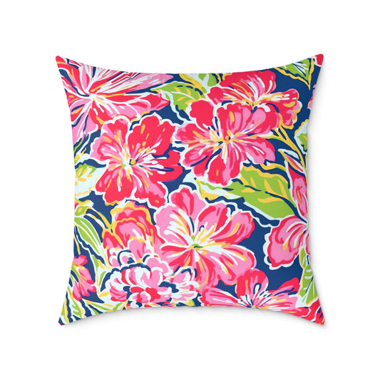 Pink Red Green Blue Tropical Hibiscus Floral Pillow | Square Poly Canvas Pillow