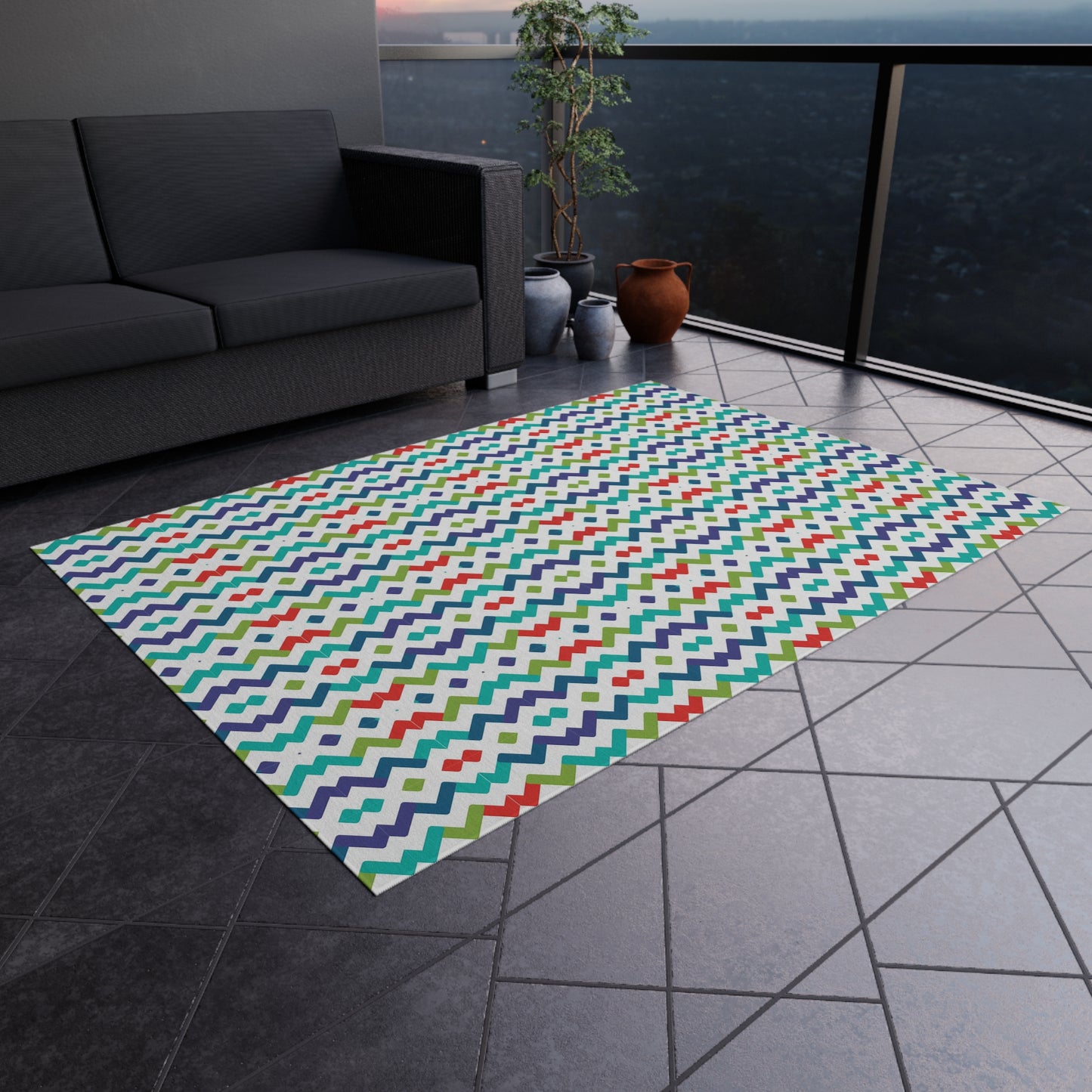Chevron Zigzag Pattern Outdoor/Indoor Rug | Colorful Geometric Patio Mat