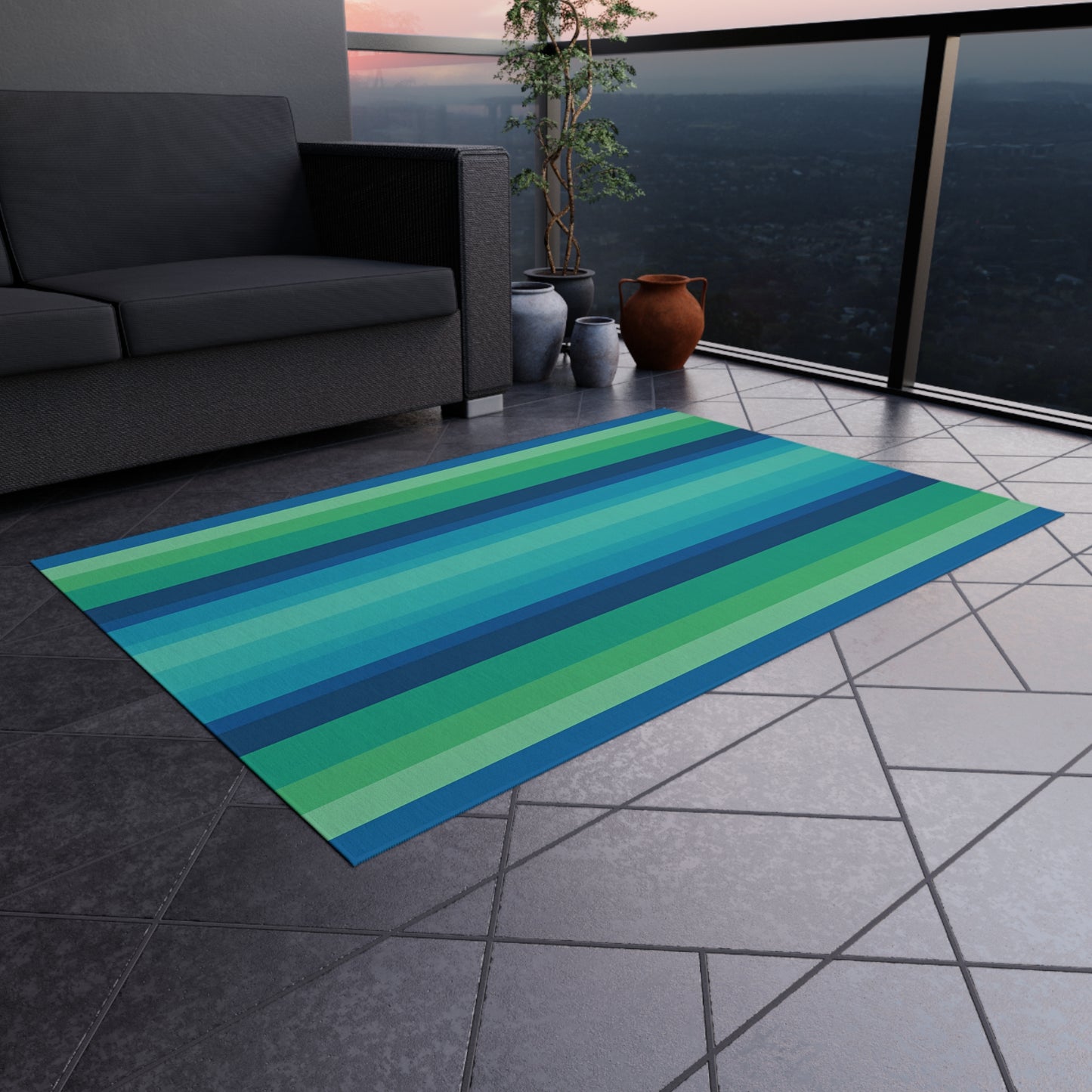 Blue Green Striped Outdoor/Indoor Rug | Patio Mat, Weather-Resistant Floor Covering