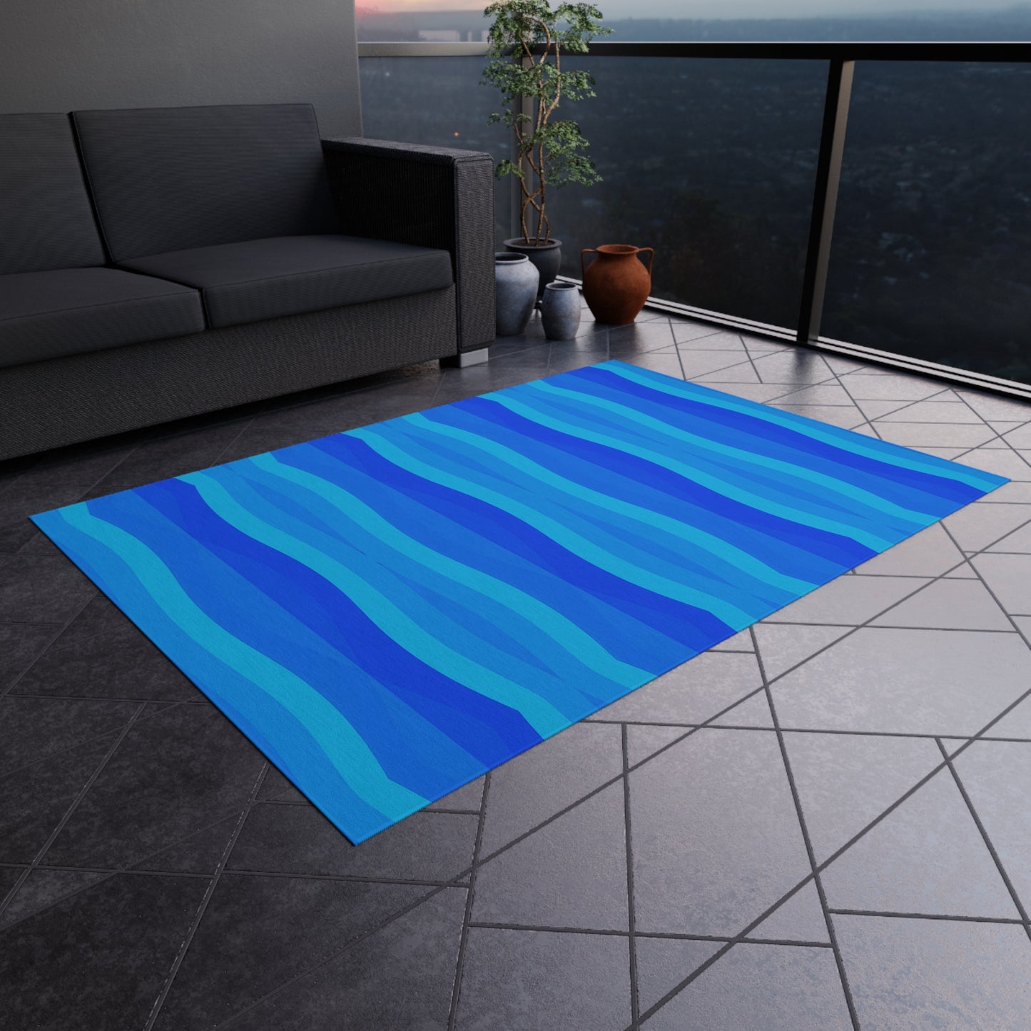 Blue Wave Stripe Outdoor Rug | Coastal Patio Mat
