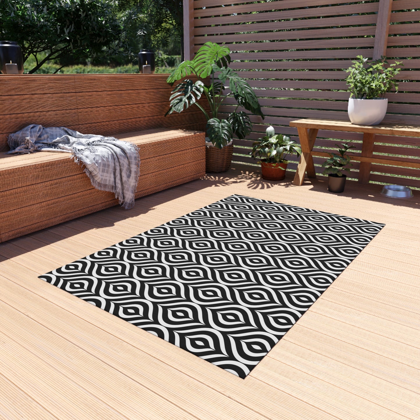 Geometric Black White Pattern Outdoor/Indoor Rug | Waterproof Patio Mat