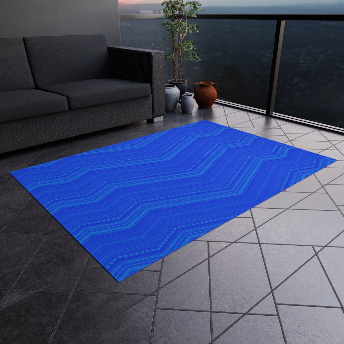 Blue Chevron Outdoor/Indoor Rug | Modern Patio Mat, Weather-Resistant