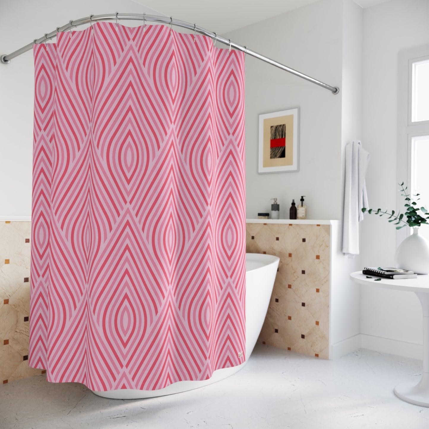 Pink Geometric Diamond Pattern Shower Curtain | Retro Striped Bath Decor, Boho Bath Accessory