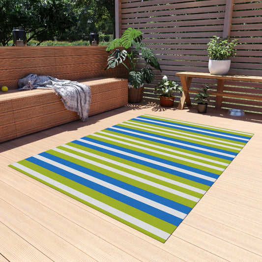 Blue Green White Striped Outdoor/Indoor Rug | Patio Mat, Weatherproof Poolside Runner