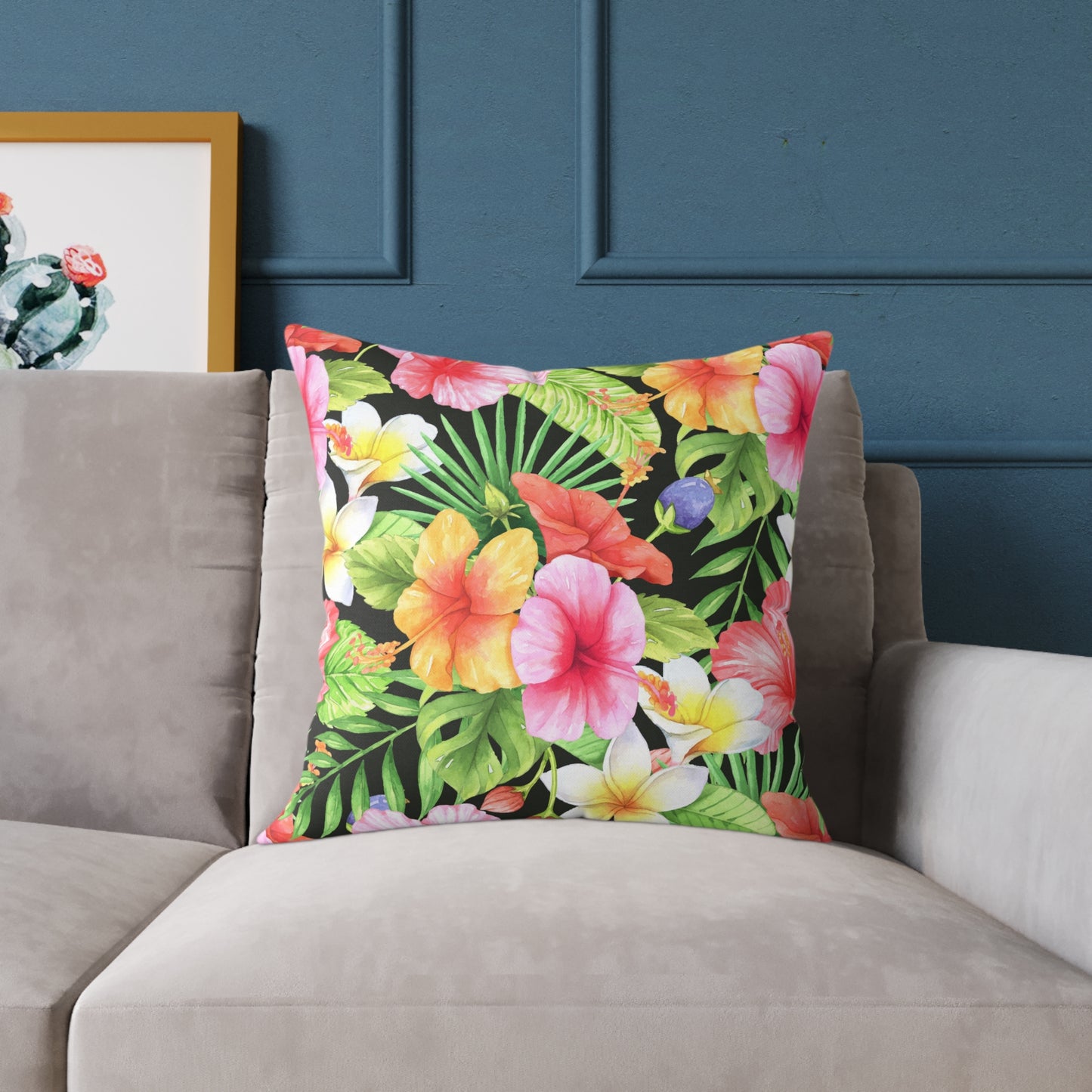 Tropical Pink Yellow Green Hibiscus Floral Square Pillow | Hawaiian Leaves Pattern