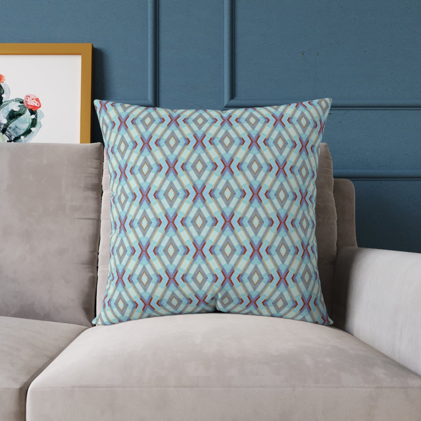 Geometric Diamond Pattern Square Pillow | Turquoise Blue Purple Dark Red Ikat Throw Pillow