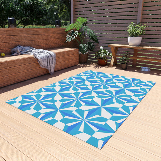 Blue White Geometric Pinwheel Pattern Outdoor/Indoor Rug | Patio Mat