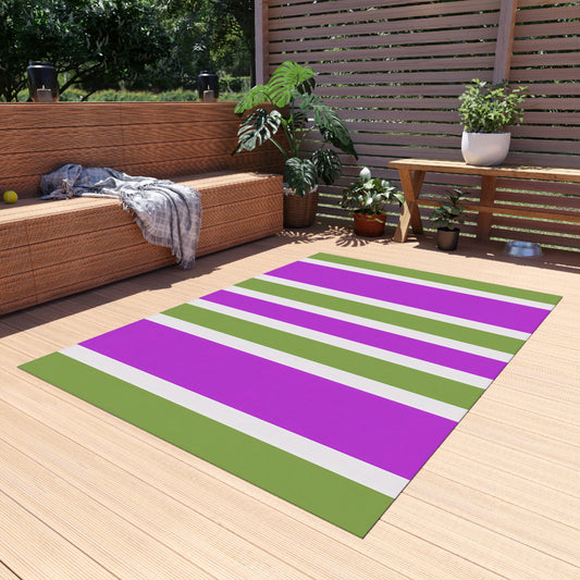 Magenta and Green Striped Outdoor Rug | Patio Mat, Weatherproof Stripe Design