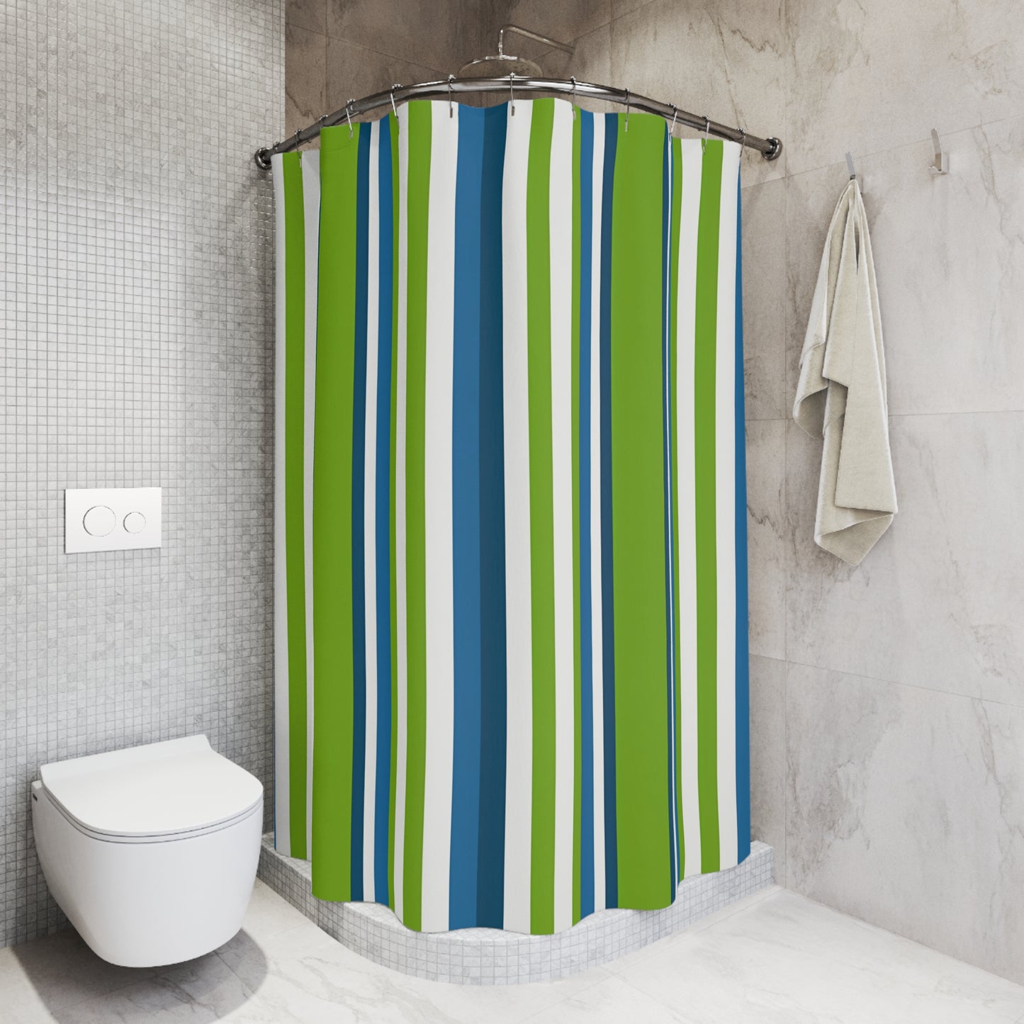 Blue Green Vertical Stripes Shower Curtain | Nautical Modern Bathroom