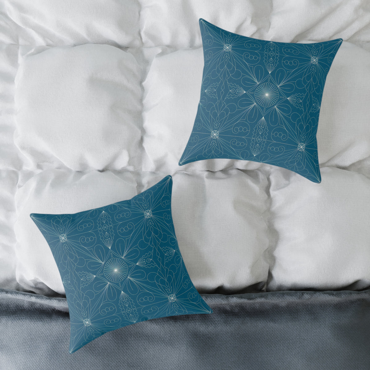 Teal Geometric Mandala Square Poly Canvas Pillow | Floral Star Pattern