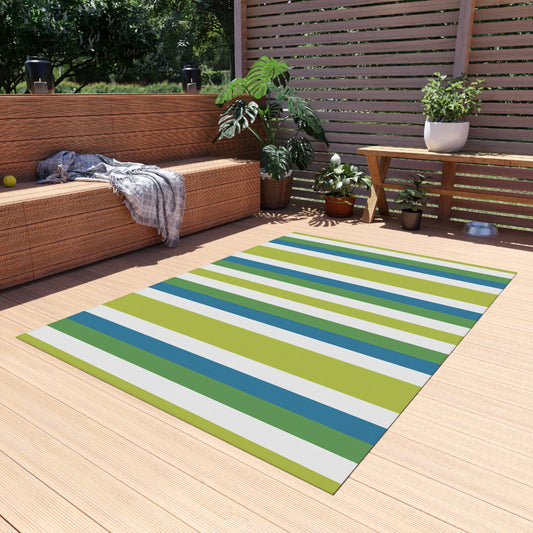 Blue Green Stripe Outdoor/Indoor Rug | Patio Mat, Weatherproof Porch Rug