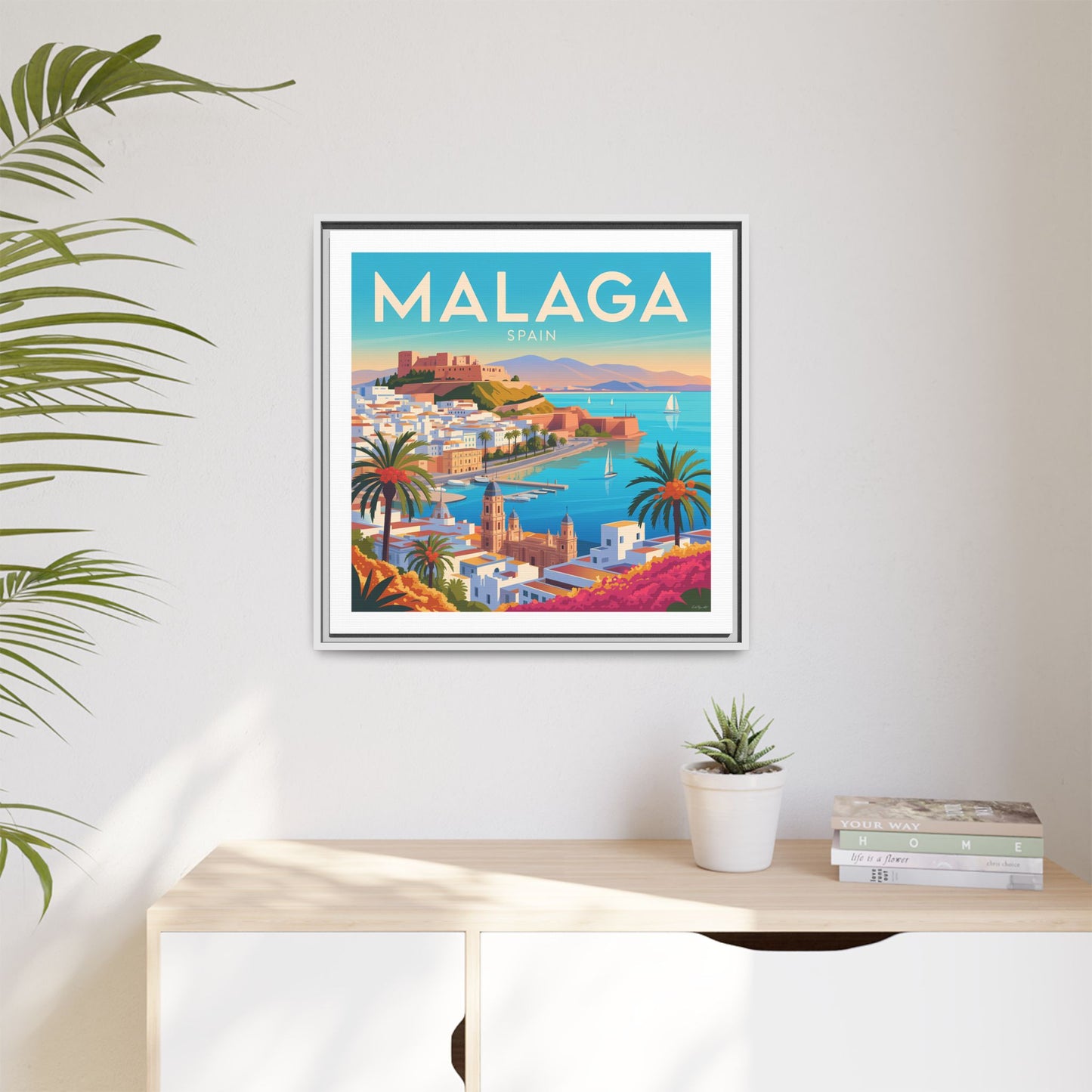 Malaga Spain Coastal  Matte Canvas Framed Wall Art| Vintage Style Travel Art