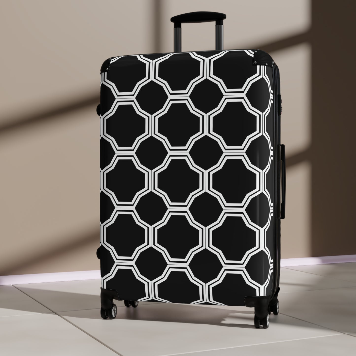 Black and White Octagon Tile Suitcase | Geometric Pattern Travel Luggage