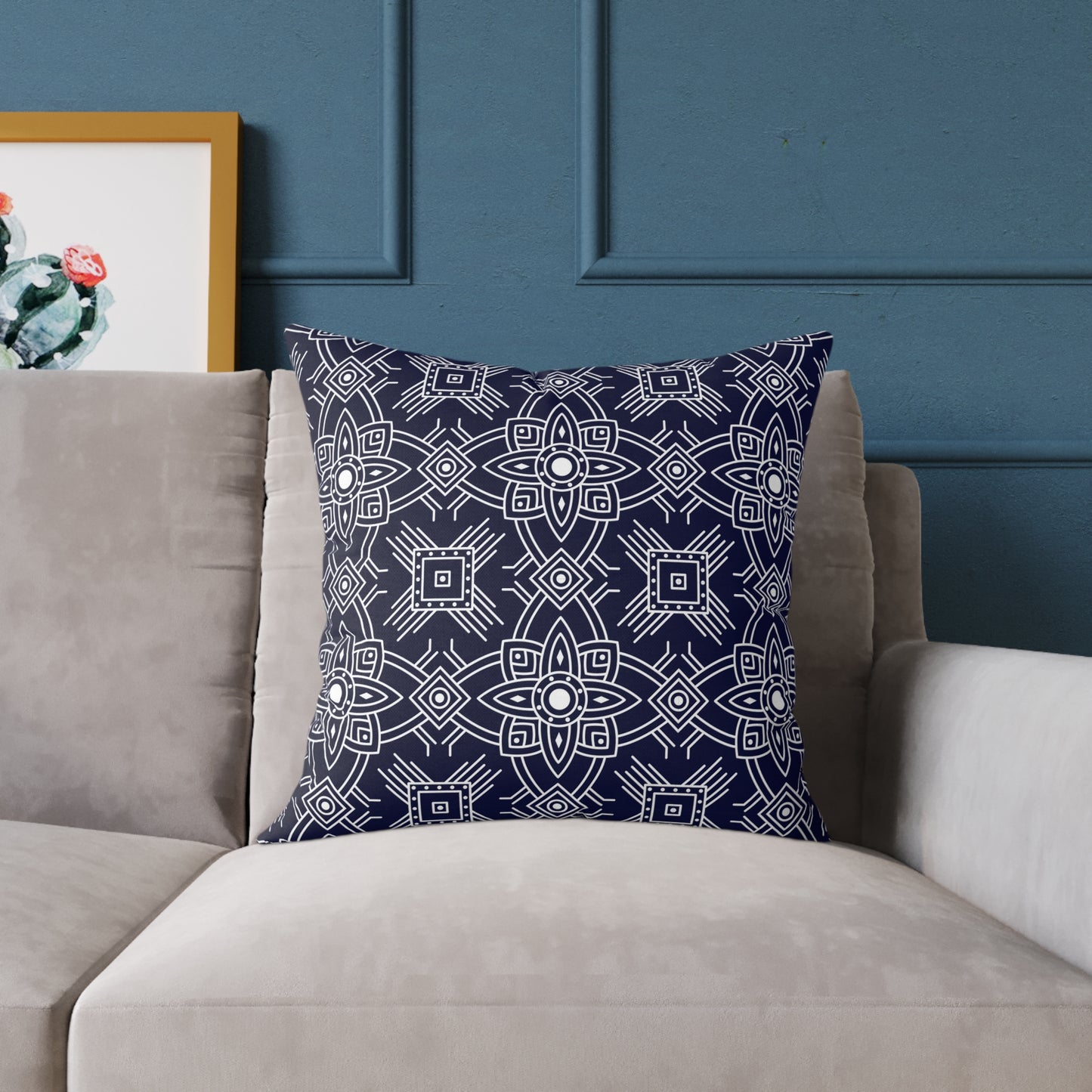Navy White Geometric Mandala Square Pillow | Blue Pattern Throw Pillow