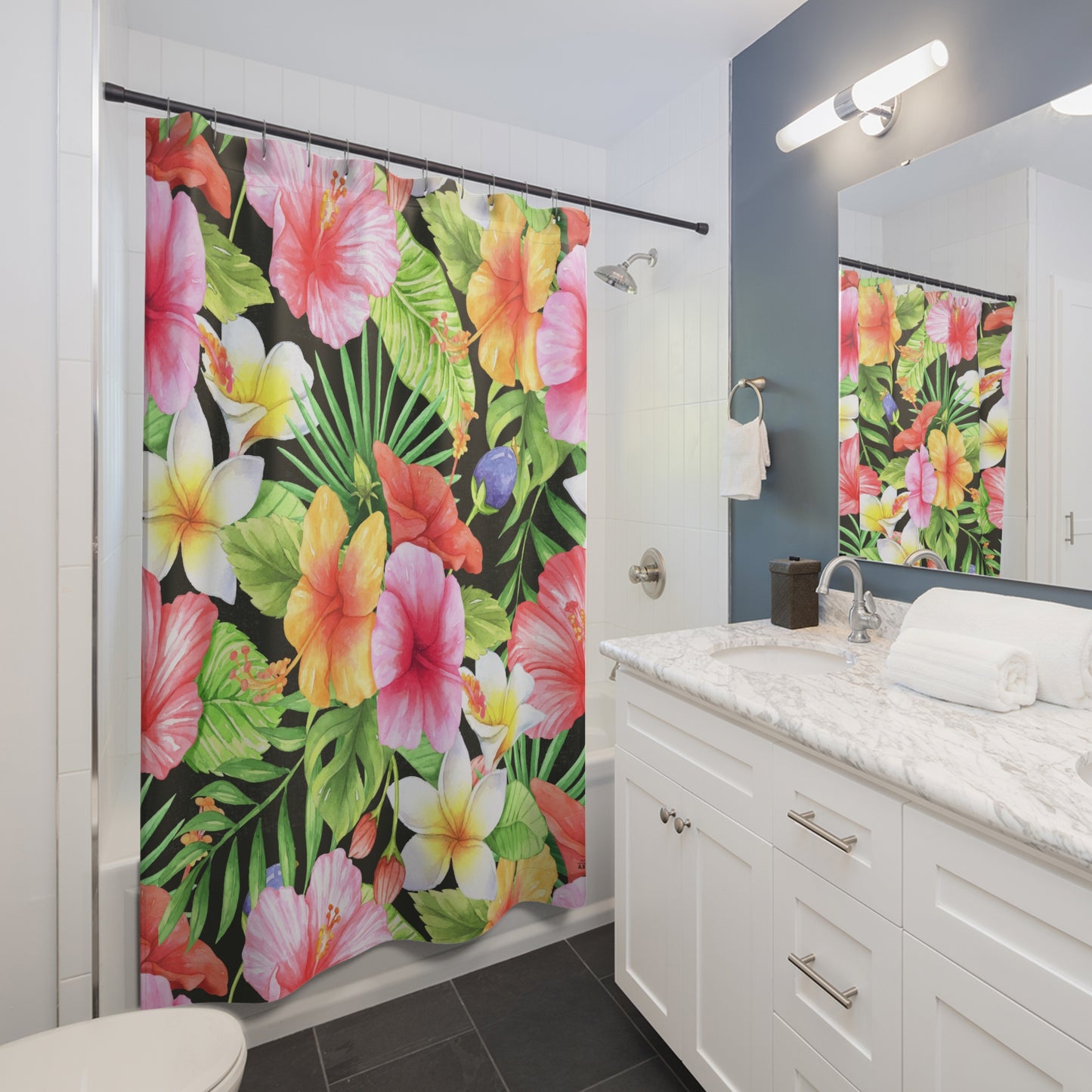 Tropical Hibiscus Floral Shower Curtain | Tropical Leaves Bathroom Decor Tropical Bathroom Accessory