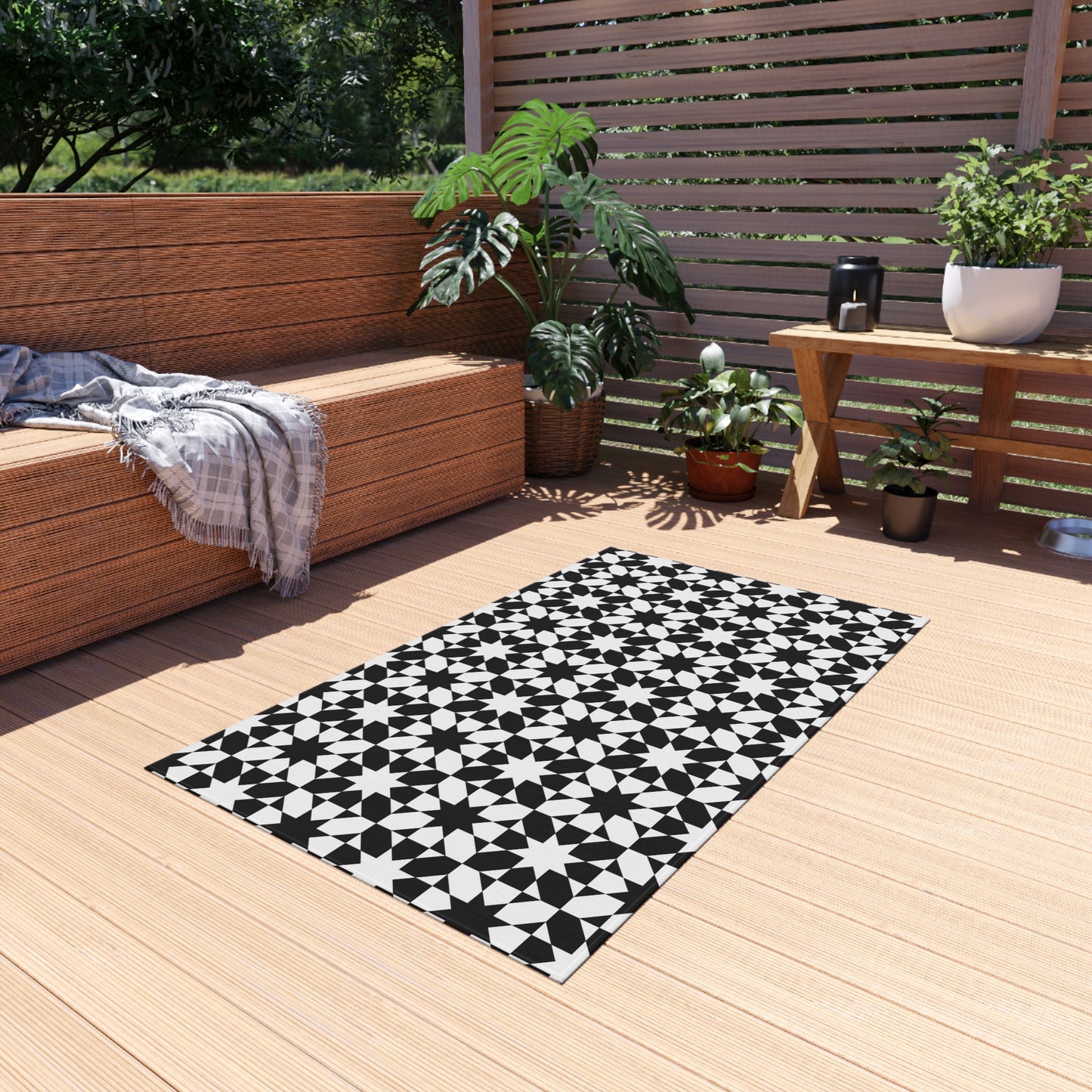 Black White Geometric Tile Pattern Indoor/Outdoor Rug | Modern Patio Mat