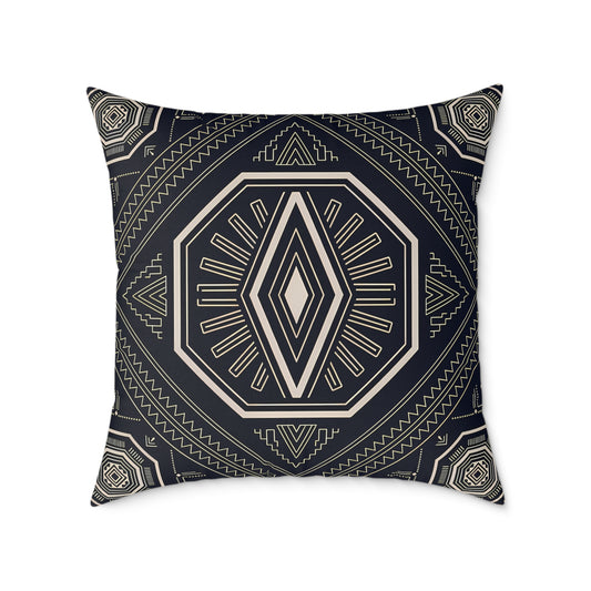 Geometric Black & Cream Tribal Medallion Square Pillow | Boho Aztec Pattern