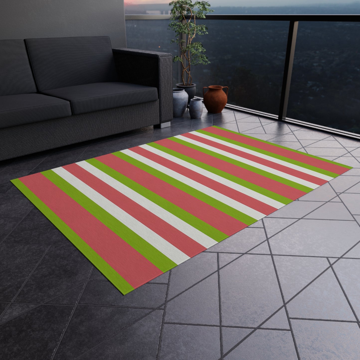Striped Medium Pink Green White Outdoor/Indoor Rug | Patio Deck Mat