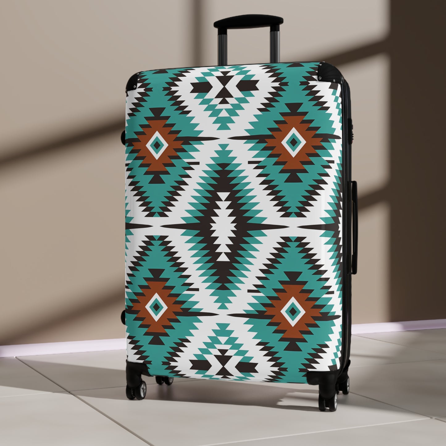 Southwestern Aztec Pattern Suitcase | Turquoise Brown Geometric Luggage