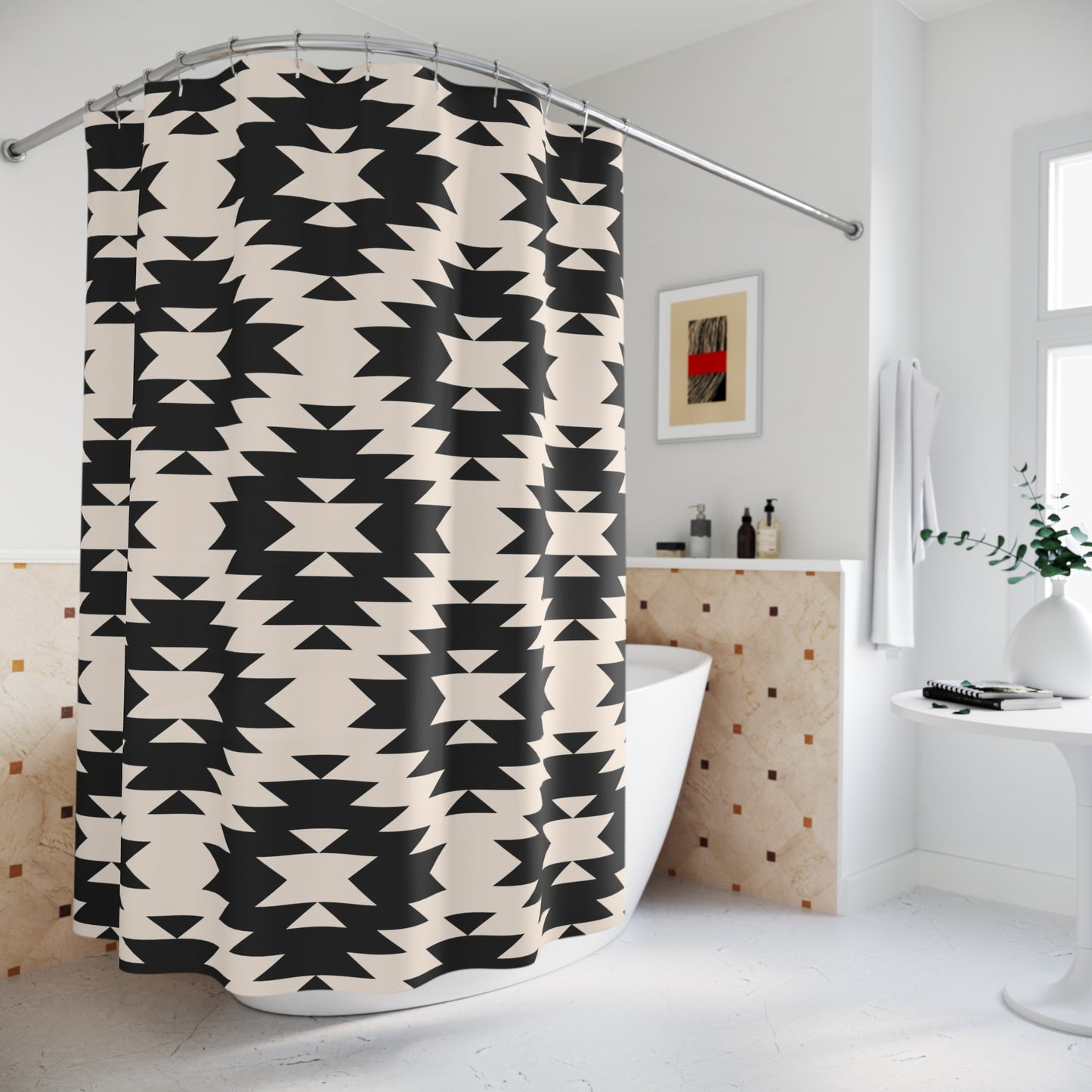 Southwestern Geometric Shower Curtain | Black Off-White Aztec Pattern
