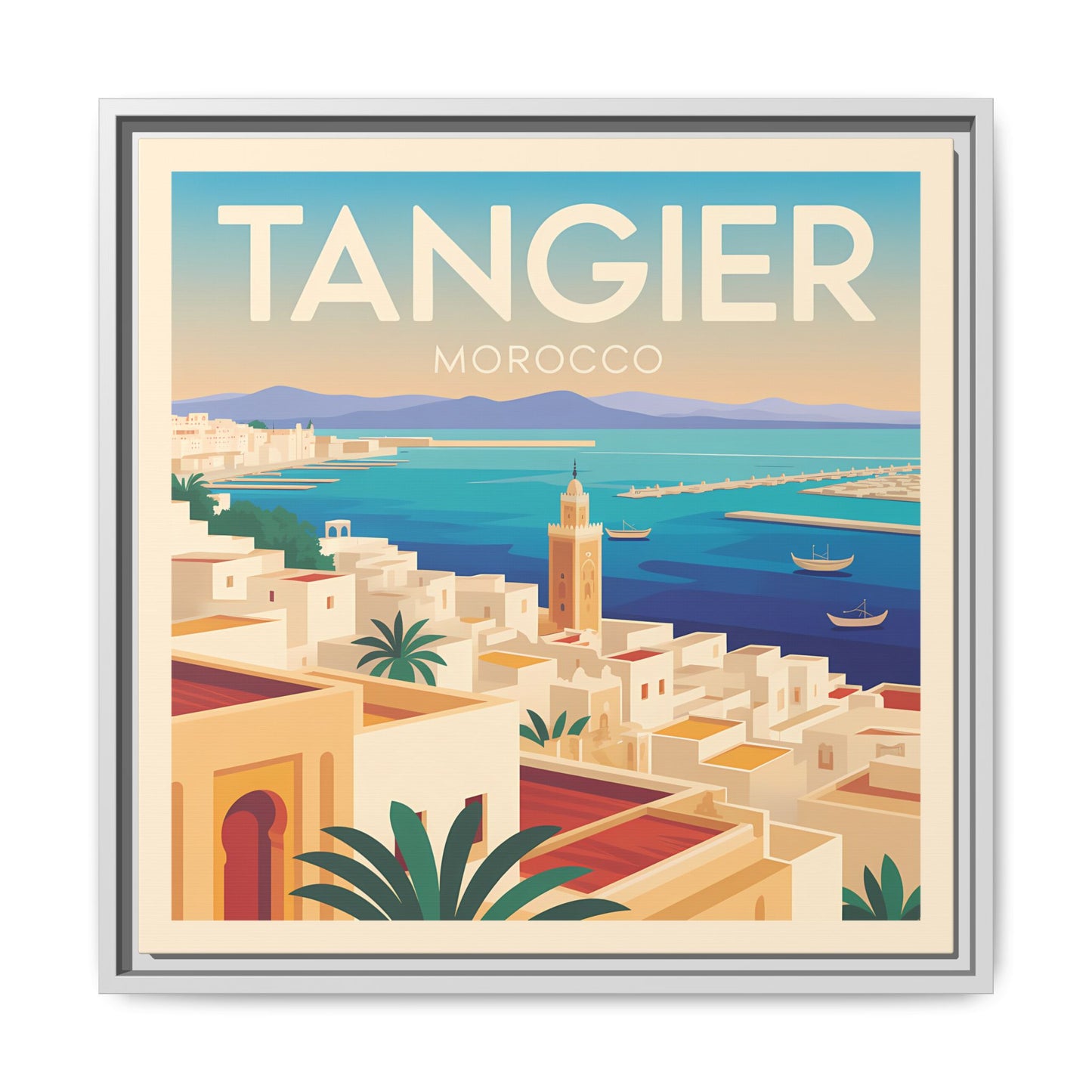 Tangier Morocco Travel Framed Wall Art Matte Canvas | Vintage Style Coastal Wall Art