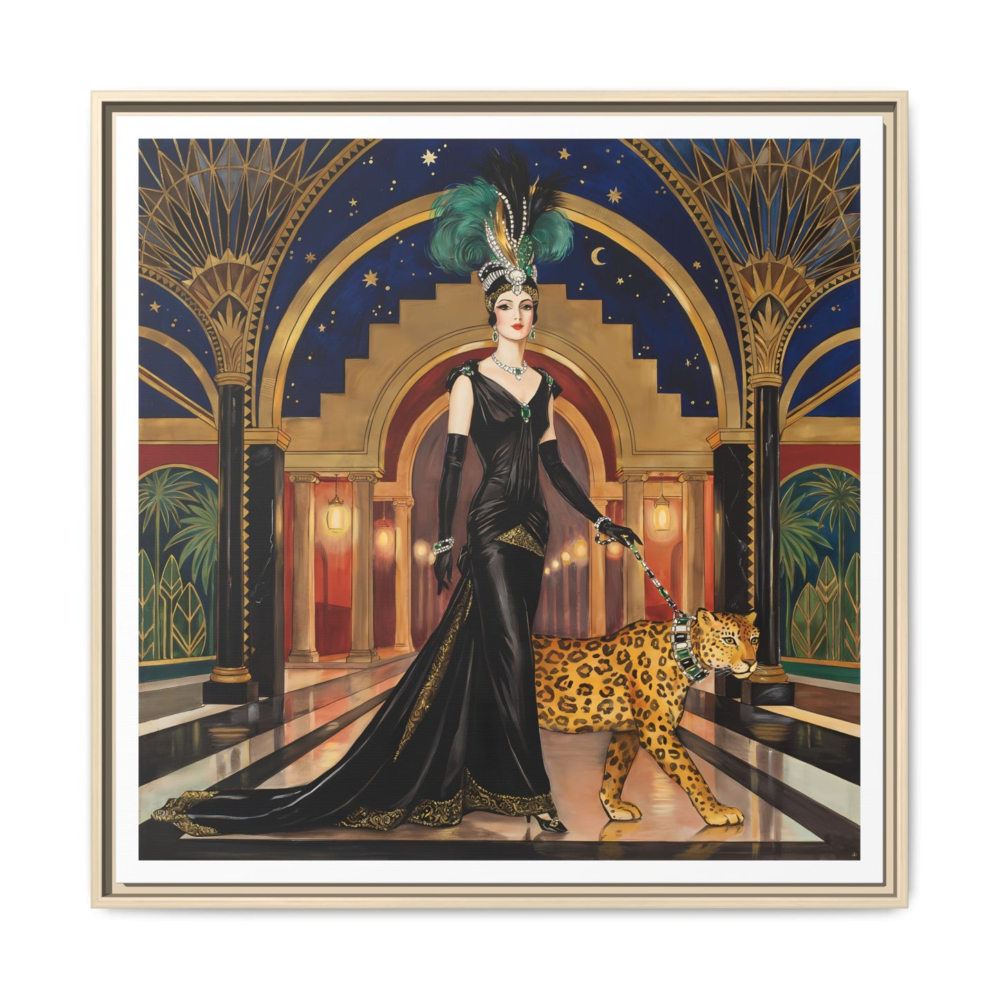 Art Deco Flapper with Leopard Canvas Framed Wall Art | Matte Print