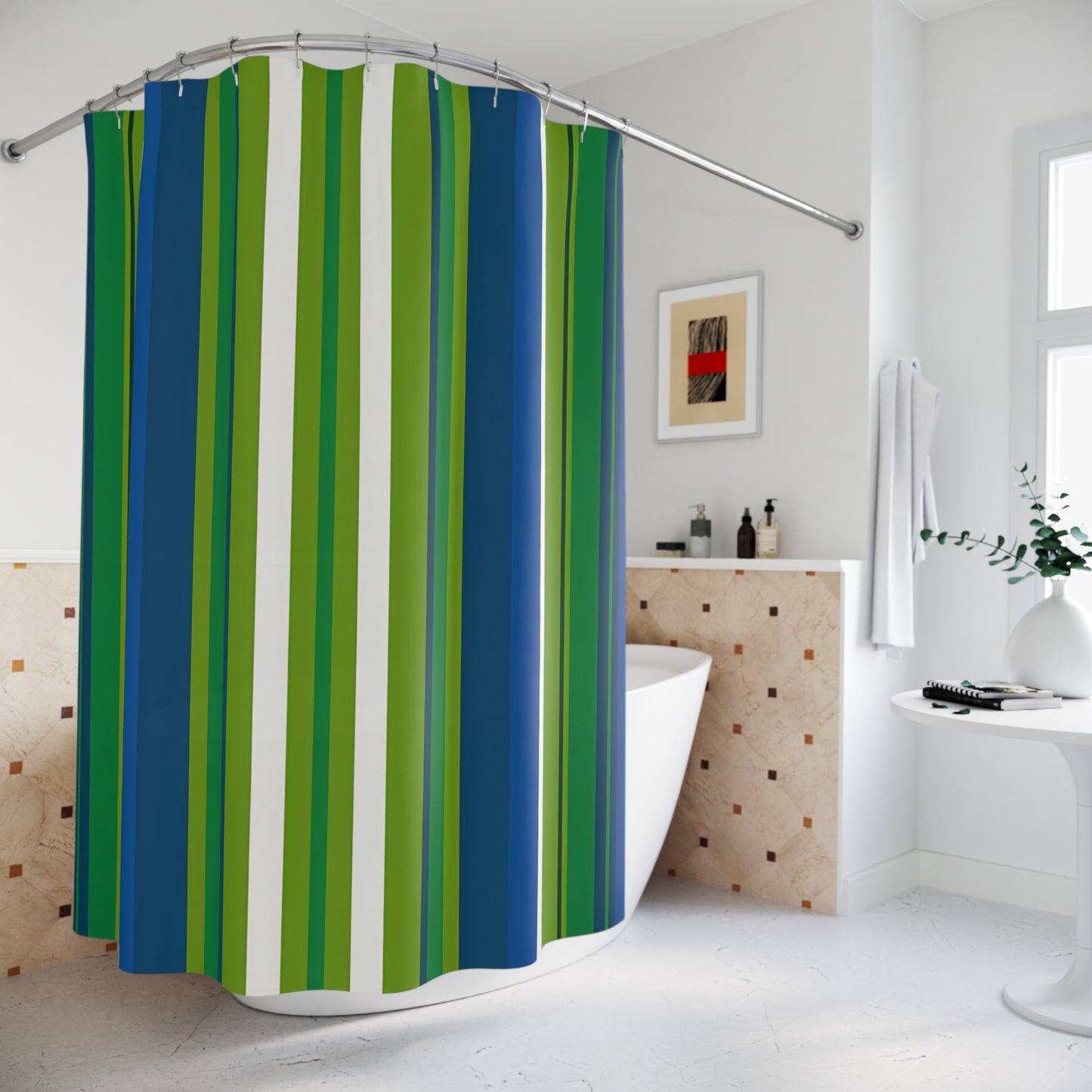 Green Blue Vertical Stripe Shower Curtain | Coastal Bathroom Decor